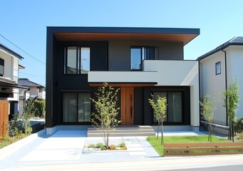 Fototapeta premium Modern Two Story House with a Wooden Front Door and a Gravel Driveway