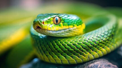 Fototapeta premium detailed closeup of a green jungle snake resting on a rock, showing its exotic scales and slithering form