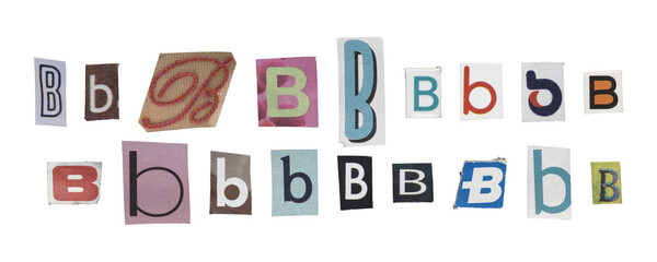 Set of isolated cut-out letter “B” from magazines on a transparent background, retro y2k style