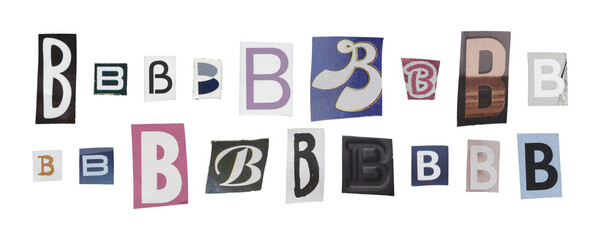 Set of isolated cut-out letter “B” from magazines on a transparent background, retro y2k style