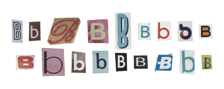 Set of isolated cut-out letter “B” from magazines on a transparent background, retro y2k style