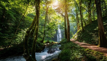 Picture a dense forest with towering trees, dappled sunlight filtering through the leaves