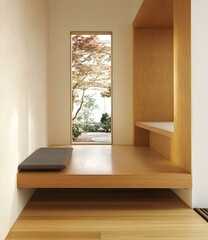 Fototapeta premium Modern Minimalist Interior Design with a Wooden Bench and a Window View of a Garden