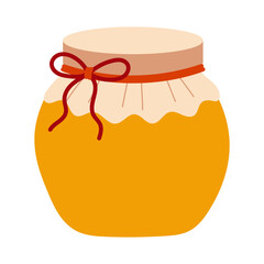 A jar of honey with a red ribbon tied around it