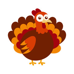 A cartoon turkey with a big smile on its face. The turkey is orange and brown and has a red beak