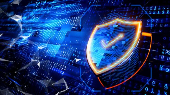 A glowing shield symbol representing cybersecurity, surrounded by data streams and binary code. Seamless looping time-lapse video background