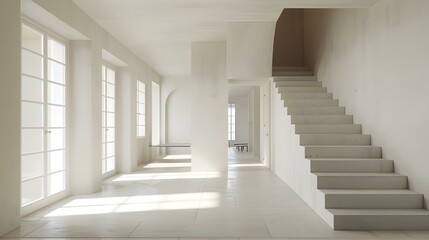 Obraz premium Minimalist Interior Design with White Walls and Concrete Stairs