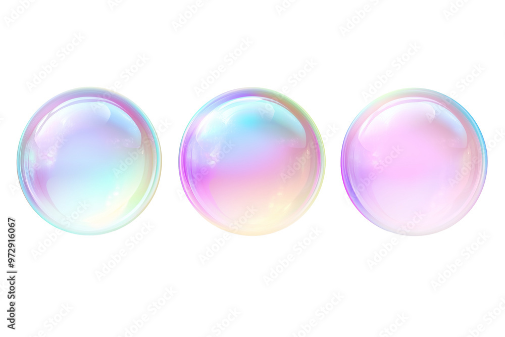 Wall mural set of 3d circle shape iridescent holographic bubble with gradient color pastel elements design, iso