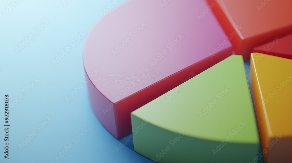 Poster a close-up of a 3d pie chart with detailed segment labels and percentage values, set against a simpl