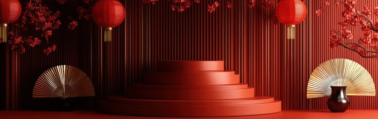Elegant Red Stage with Lanterns and Gold Elements