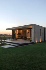 Fototapeta premium Modern Concrete House with Outdoor Patio and Lush Lawn