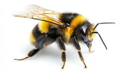 A close-up of a bee with its wings spread, showcasing its fuzzy body and detailed features against a clean white backdrop, emphasizing its role in pollination.
