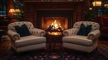 Cozy seating area with two armchairs near a warm fireplace in an inviting setting.
