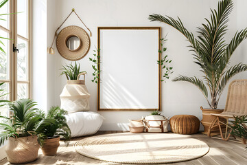 Mockup frame in farmhouse room interior background, 3d render 3d render. Generative Ai.