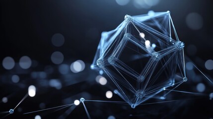 A 3D rendering of a complex polyhedral structure made from wireframes, highlighted against a dark background to enhance its intricate form