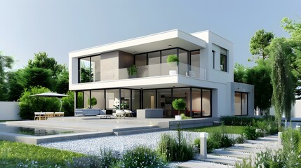 Fototapeta premium Modern House with Pool and Lush Greenery