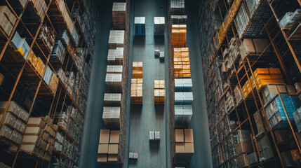 Fototapeta premium Aerial view of a massive warehouse with organized shelves and logistics operations