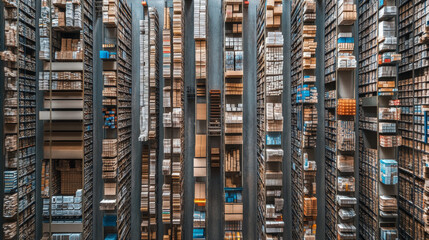 Aerial view of a massive warehouse with organized shelves and logistics operations