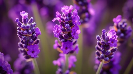 Obraz premium A close-up of a cluster of purple lavender flowers, highlighting their fine details and rich color, with a gentle breeze causing a slight motion in the petals.
