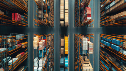 Aerial view of a massive warehouse with organized shelves and logistics operations