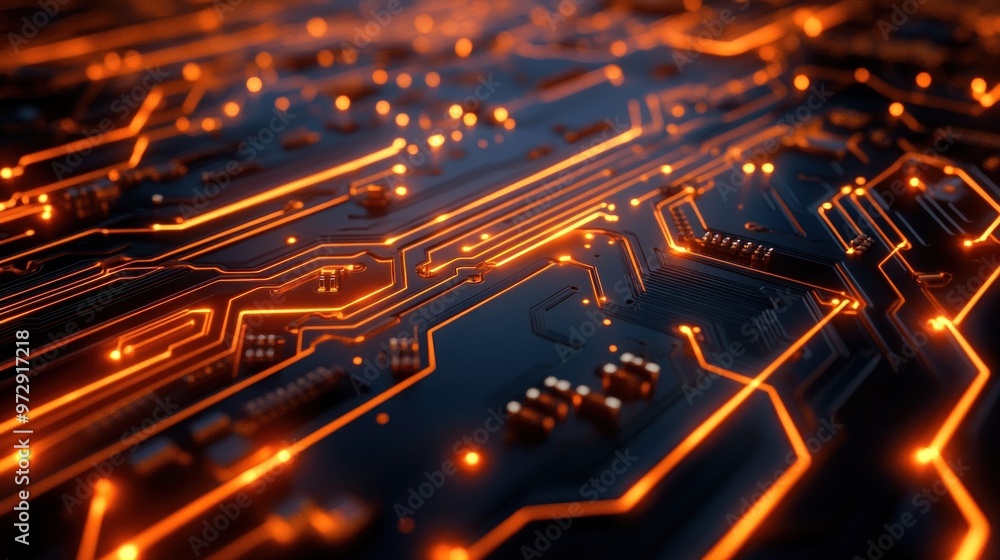 Poster a close-up of a circuit board with electricity flowing through its pathways, highlighted by illumina