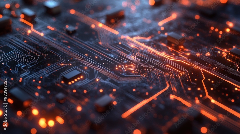 Poster a close-up of a circuit board with electricity flowing through its pathways, highlighted by illumina