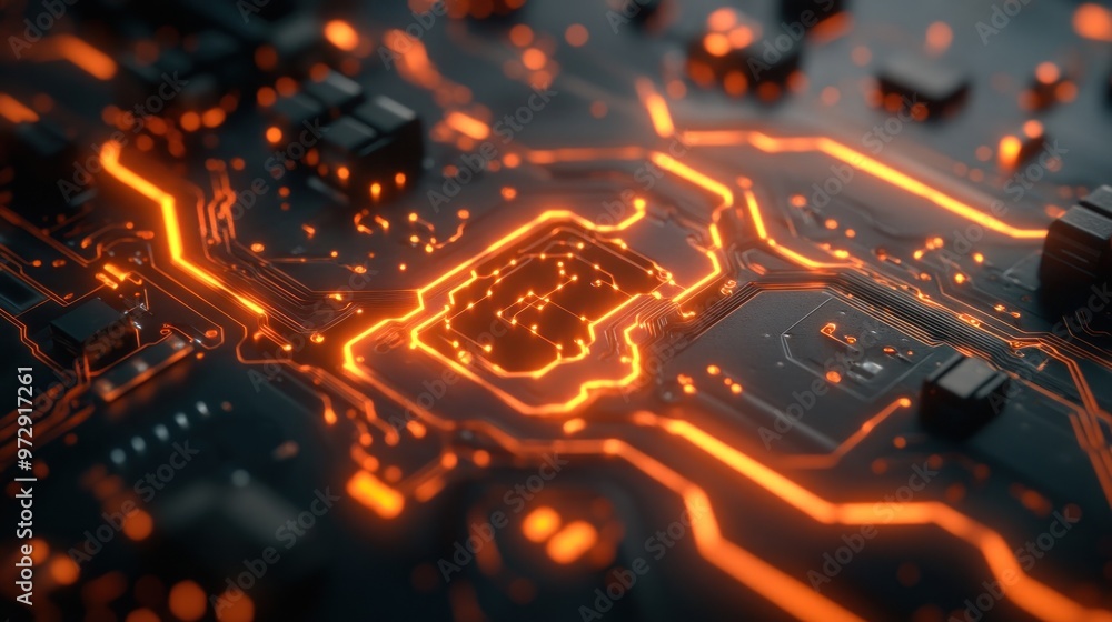 Poster a close-up of a circuit board with electricity flowing through its pathways, highlighted by illumina