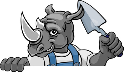 A rhino bricklayer builder construction worker mascot cartoon character holding a trowel tool and peeking around a sign