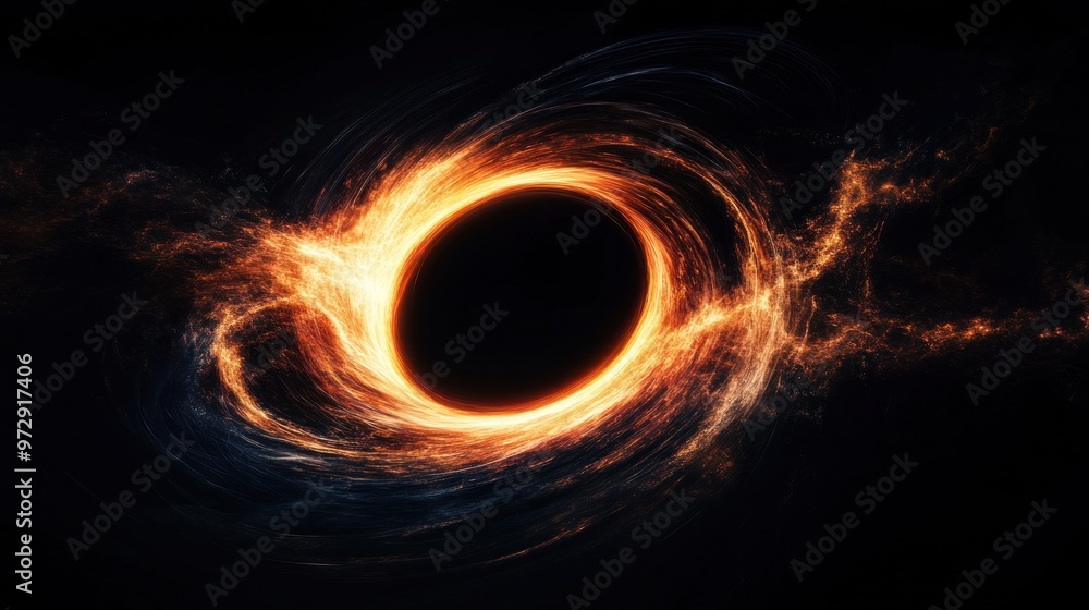 Poster a computer-generated image of a black hole, visualizing the warping of space and dimensions around i