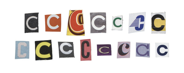 Set of isolated cut-out letter “C” from magazines on a transparent background, retro y2k style