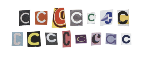 Set of isolated cut-out letter “C” from magazines on a transparent background, retro y2k style