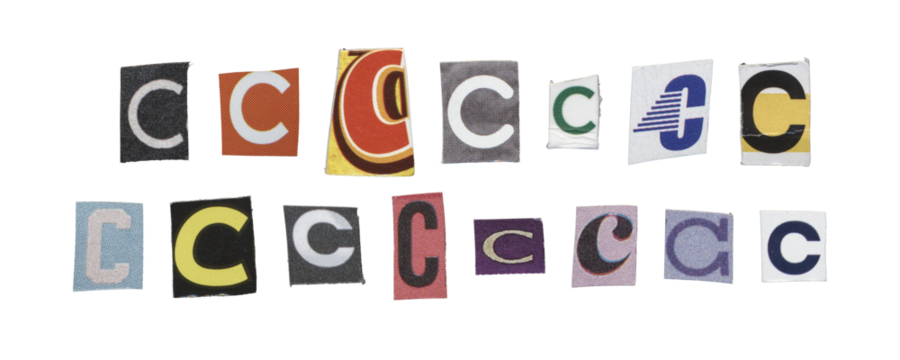 Set of isolated cut-out letter “C” from magazines on a transparent background, retro y2k style