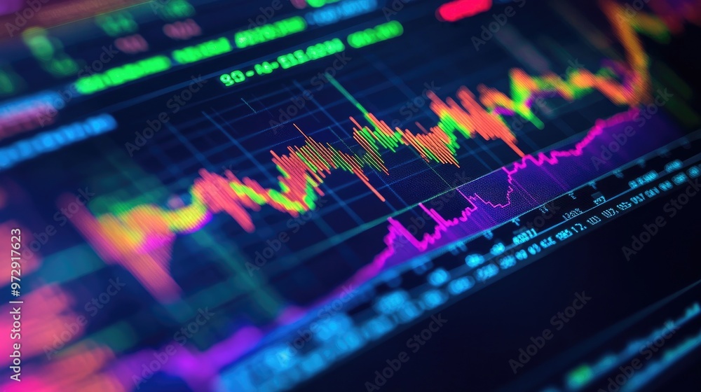 Poster a close-up of a computer screen displaying dynamic financial charts and stock market data, with colo