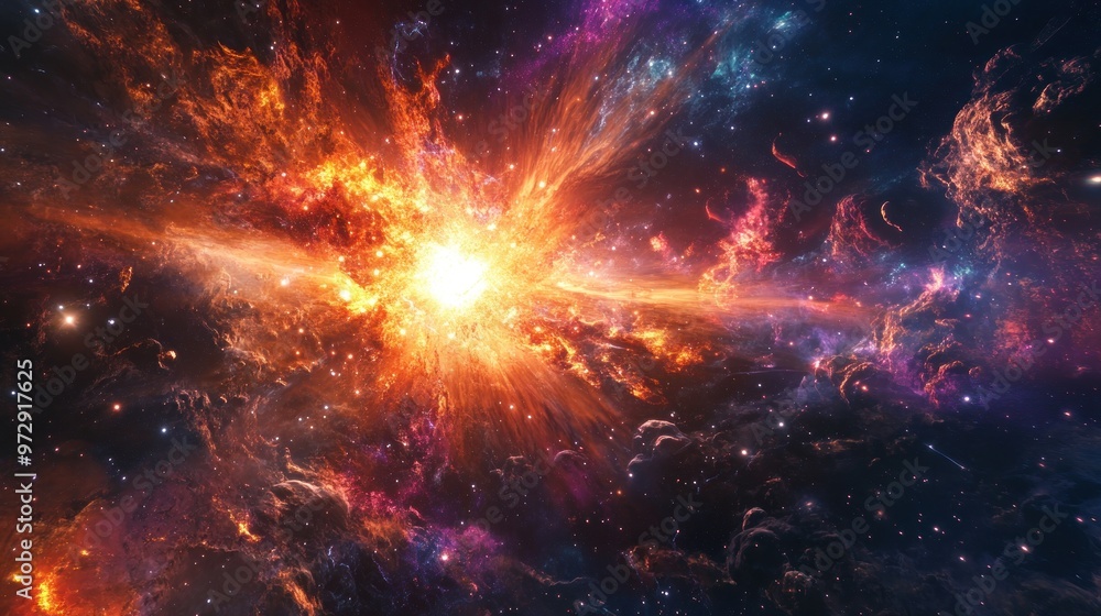Poster a deep space scene showing a supernova explosion with intricate visual effects detailing the burst o
