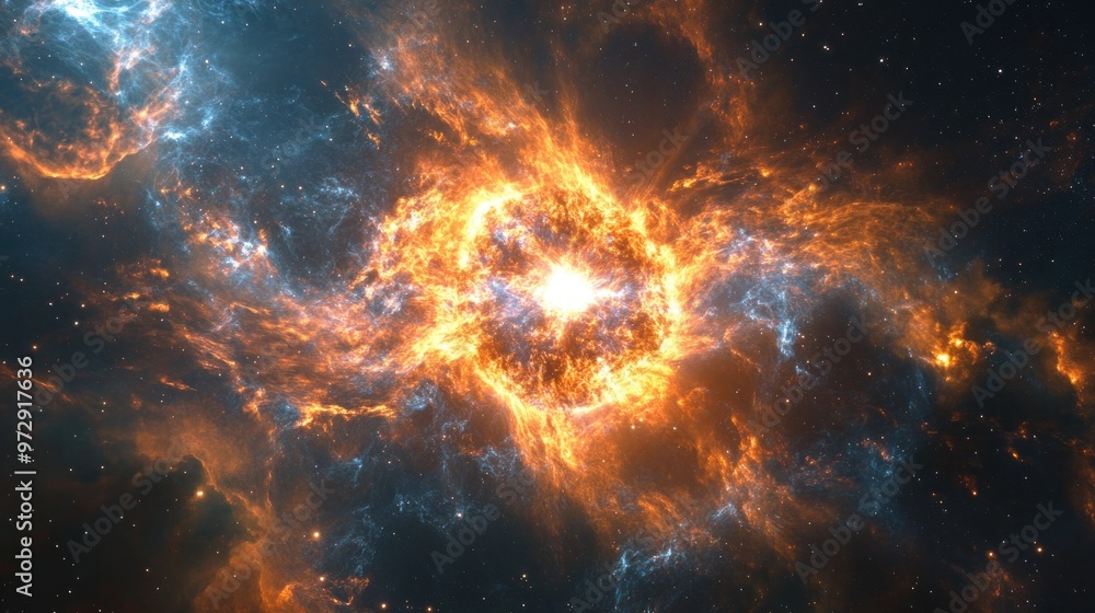 Poster a deep space scene showing a supernova explosion with intricate visual effects detailing the burst o