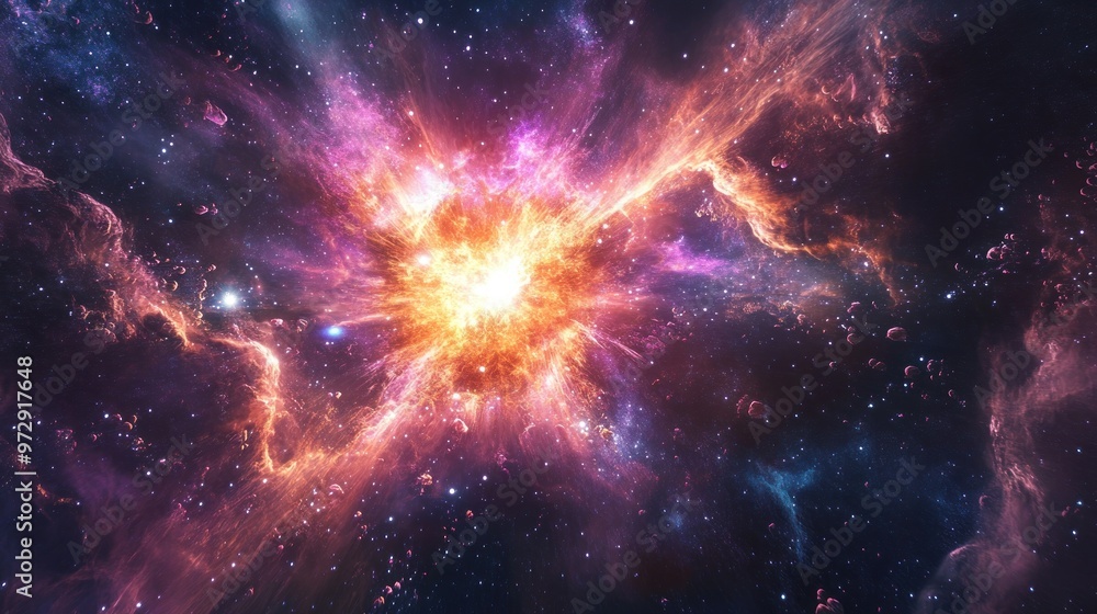 Poster a deep space scene showing a supernova explosion with intricate visual effects detailing the burst o