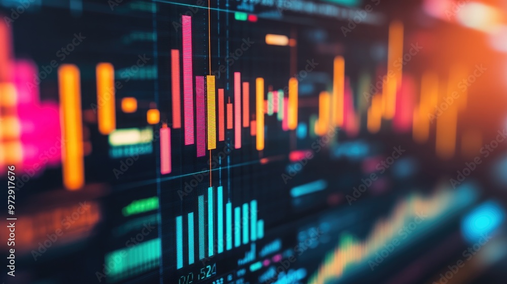 Poster a close-up of a computer screen displaying dynamic financial charts and stock market data, with colo