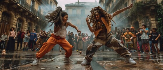 Vibrant street dance scene with two women in colorful outfits performing energetically amidst a crowd. Observers closely watching, urban setting with