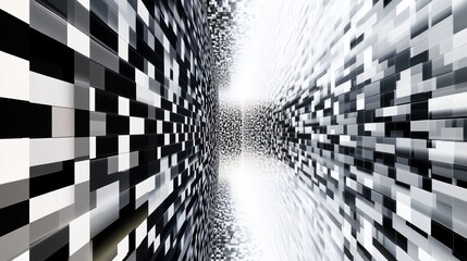 A digital artwork featuring a grid of perfectly aligned squares that gradually transition in color from white to black, symbolizing order and complexity