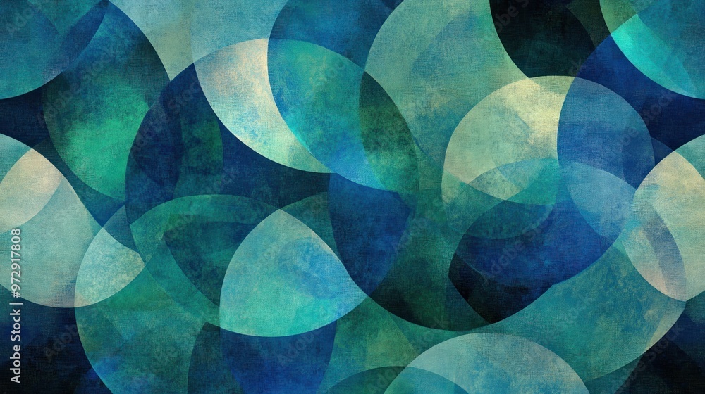 Poster a digital artwork featuring an assortment of overlapping geometric shapes in a palette of blues and 