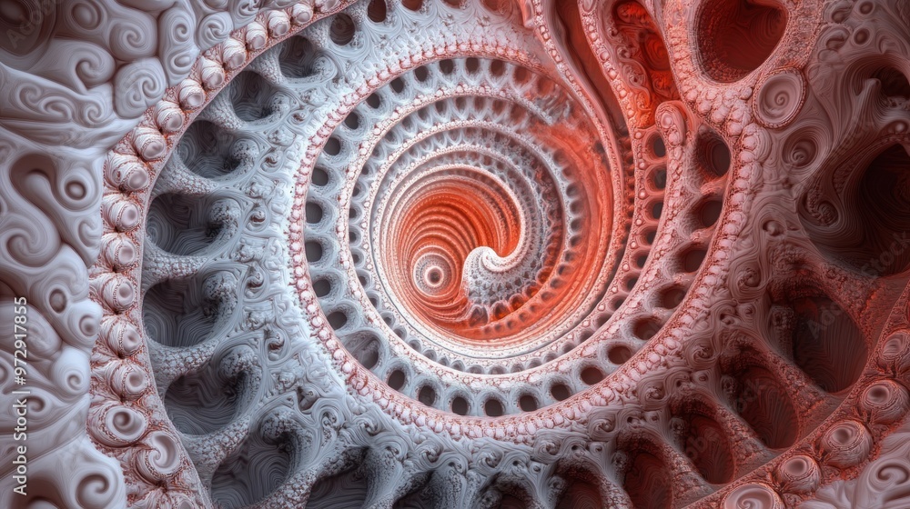 Poster a fractal design that zooms infinitely into a center point, with each iteration adding more detail a