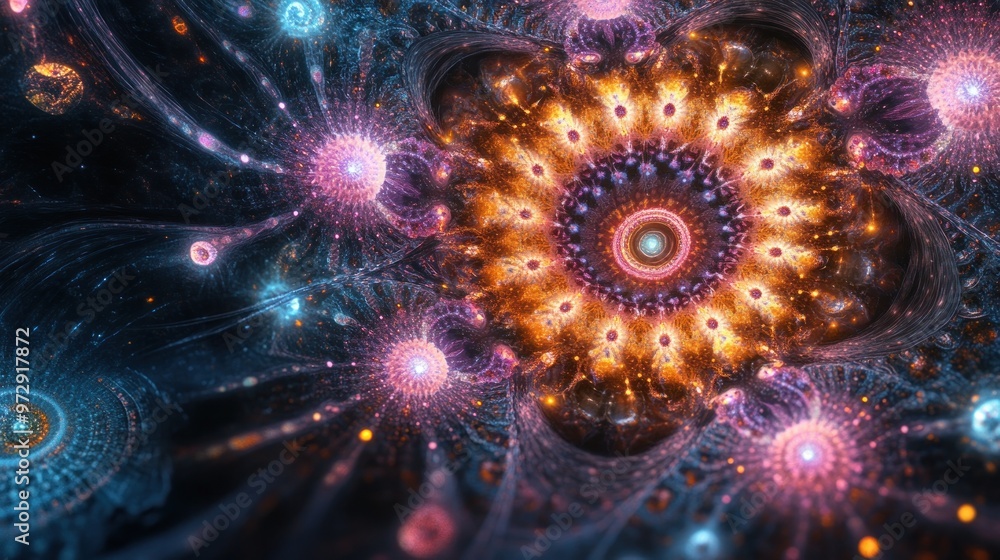 Poster a fractal design that zooms infinitely into a center point, with each iteration adding more detail a