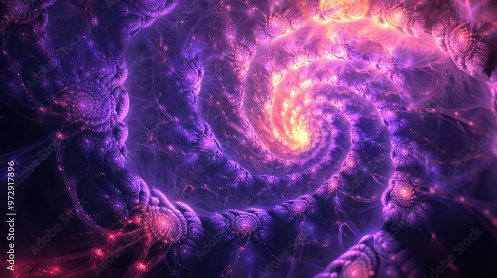 Poster a fractal design that zooms infinitely into a center point, with each iteration adding more detail a