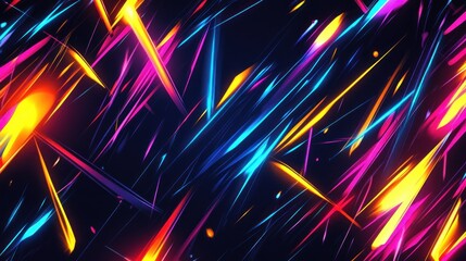A dynamic abstract pattern composed of sharp, angular lines and bright neon colors against a dark background, suggesting movement and energy
