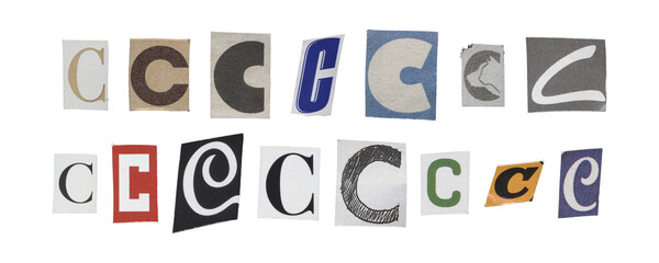 Set of isolated cut-out letter “C” from magazines on a transparent background, retro y2k style