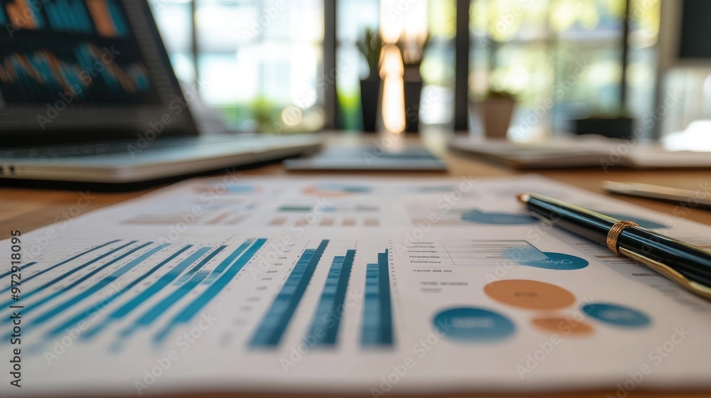 Aufkleber a close-up of a financial report with various graphs and charts, focusing on key performance indicat
