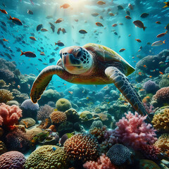 Meeresschildkr&ouml;te Schildkr&ouml;te mit Panzer schwimmt taucht im blauen Meer zwischen Sonnenstrahlen Korallen Riff, viele bunte Fische, Ozean, Mittelmeer, Wellen, Meerestiere, Reptil unter Wasser tropisch 