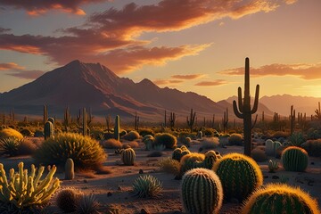 Scenic desert landscape with cacti and mountains under a warm sunset, capturing the beauty of...