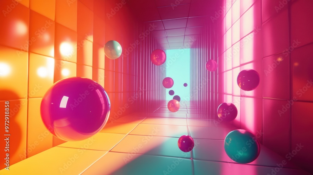 Aufkleber a vibrant composition of floating spheres and cubes in a simulated 3d space, with dynamic shadows an