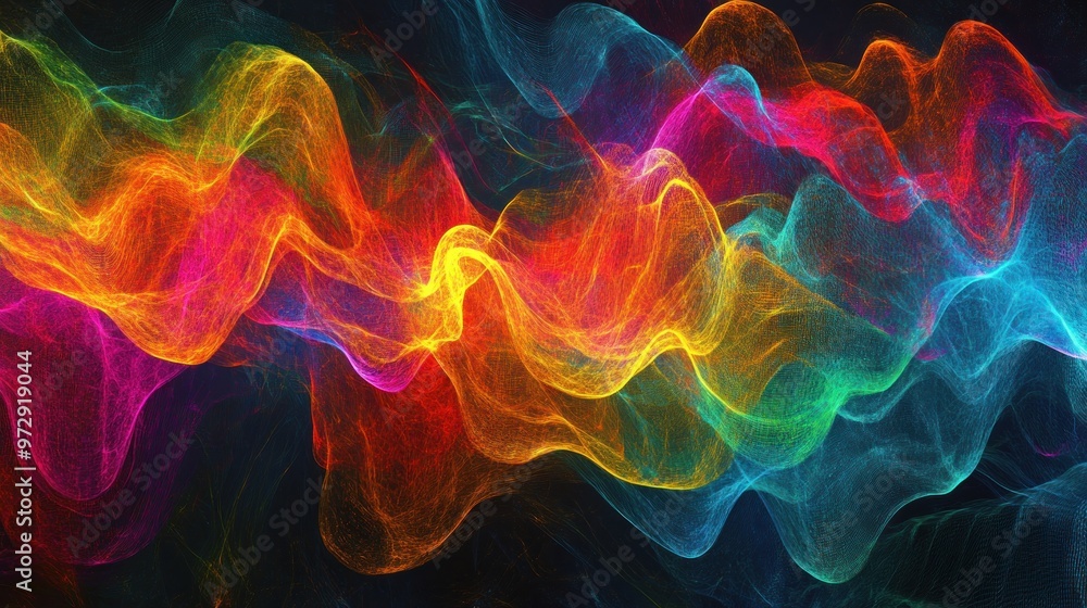 Poster abstract digital art of electromagnetic wave patterns, using vivid colors to represent different wav